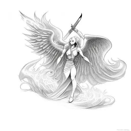 Male Angel Striking A Female Demon Down With A Flaming Sword