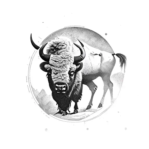 Bison Silhouette With A Circle And Native American Designs Around It
