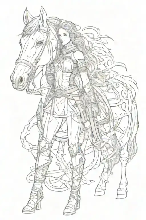 Warrior Girl Holding A Weapon And Standing Next To A Horse