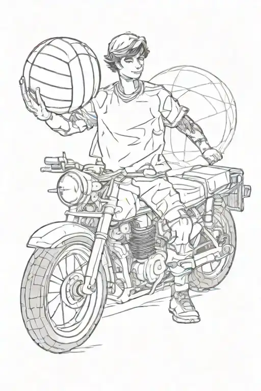A Boy Holding A Volleyball Standing Next To A Black Motorcycle
