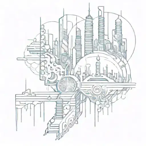 A Sketch Tattoo Of A Futuristic Cityscape With Electronic Music Symbols Hidden Within The Design