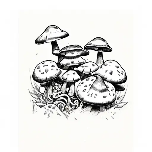 A Sketch Style Tattoo Of A Collection Of Different Edible Mushrooms Arranged In A Decorative Pattern Tattoo