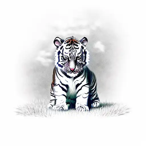 A Baby Tiger Standing On Green Grass