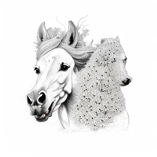 A Majestic Horse And Loyal Dog Running Side By Side Through A Field Of Blooming Flowers