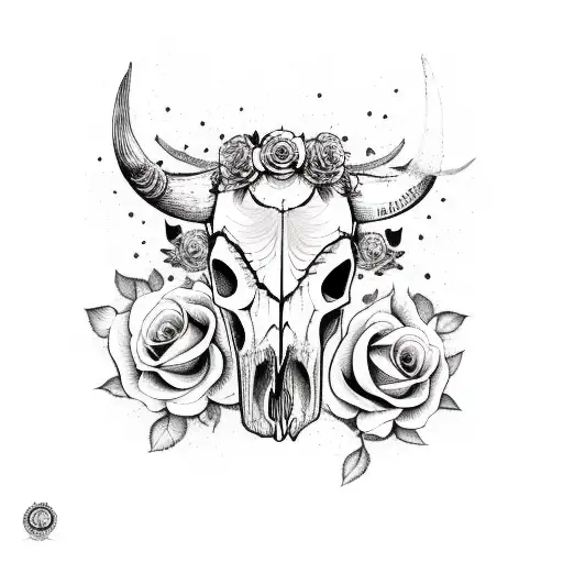 Cow Skull With Roses And Aztec Calendar