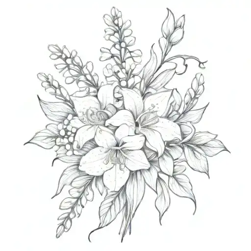 Larkspur And Primrose And Lily Of The Valley Flower Bouquet Tied