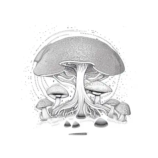 Psychedelic Frame With Mushroom With Croocked Tree Roots In The Middle