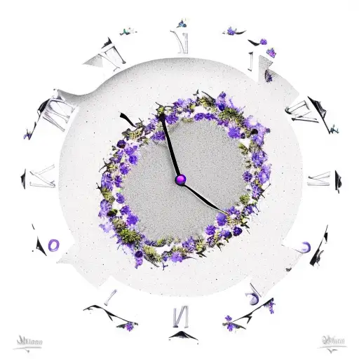 Shattered Clock Broken On A Stairs To Open Gate With Purple Flowers Aligning The Stairs