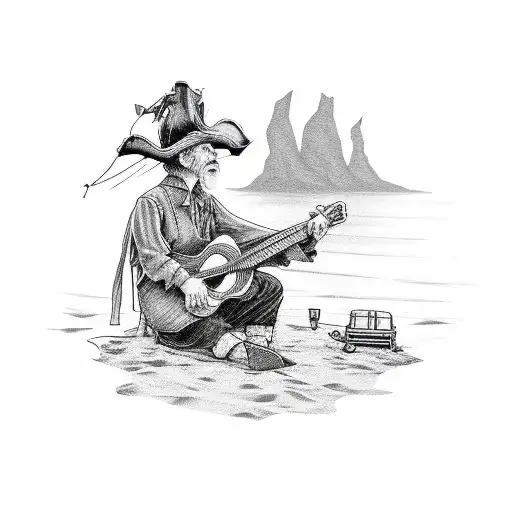 Grandpa Sitting On The Beach In The Distance Holding A Guitar And Wearing A Pirate Hat