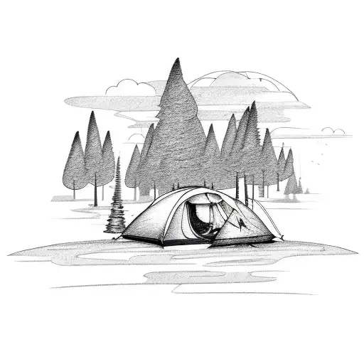Small Private Airplane Flying Over Dense Forest With A Small Campfire And Tent Visible Beside A Lake