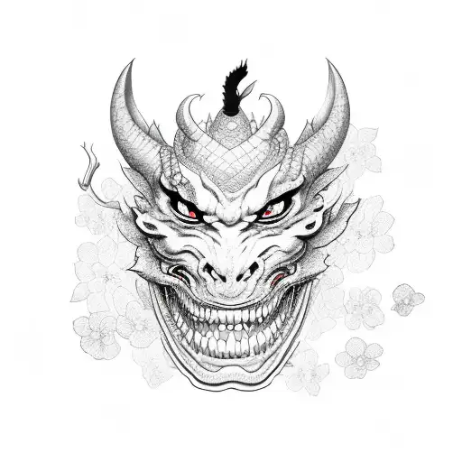 Dragon With Oni Mask And Hannya Mask With Cherry Blossom Petals