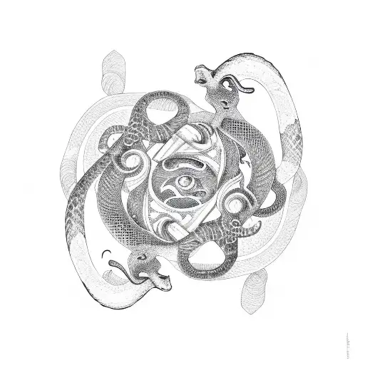 A Snake And A Goat Intertwined In A Yin Yang Symbol