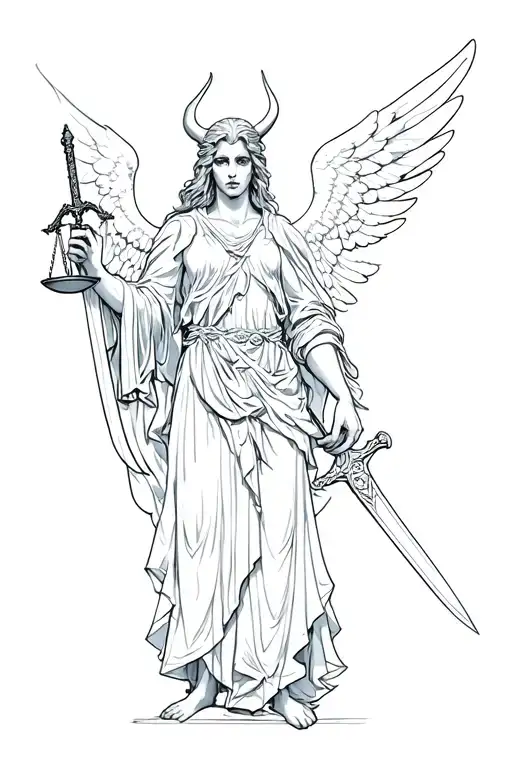 Angel Half Demon Holding A Sword In One Hand And A Scale Of Justice