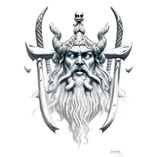 Big Poseidon Face With His Trident Symbol As Well As A Big Pirate Ship Under The Face Tha