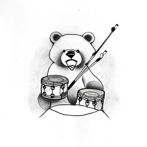 A Traditional Tattoo Of A Bear Playing A Drum Set Made Of Flowers