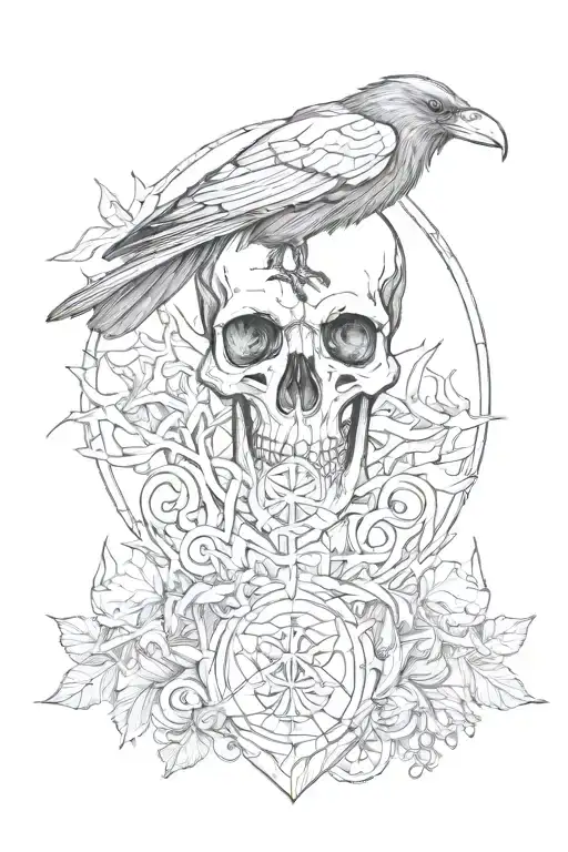 Skull And Raven And Forest Raven Lake Scandinavian Runes