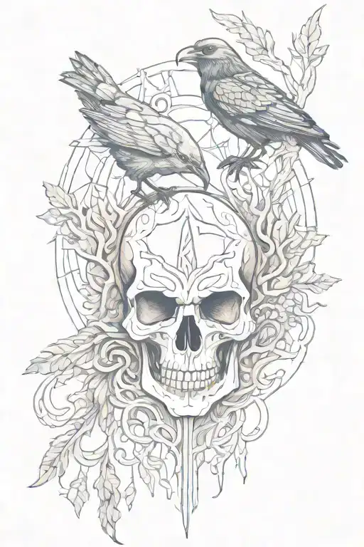 Skull And Raven And Forest Raven Lake Scandinavian Runes