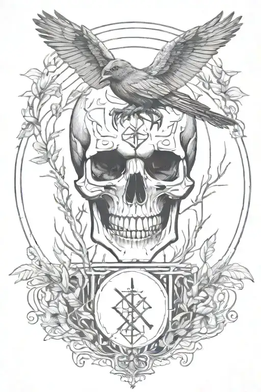 Skull And Raven And Forest Raven Lake Scandinavian Runes