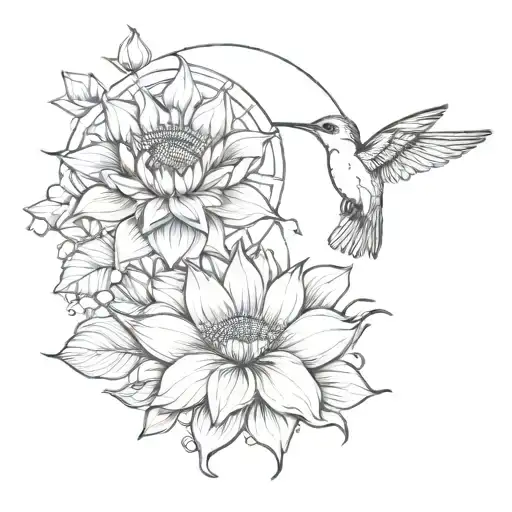 Moon Sun Lotus Flower With Hummingbird Silhouette