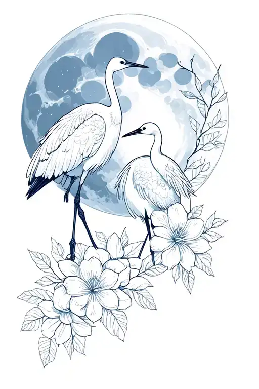2 Cranes Silhouetted Against The Moon With Flowers