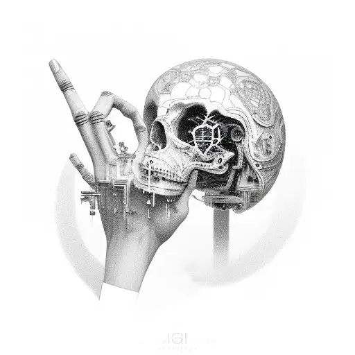 Cybersigilism On The Hand That Extends From The Forearm To The Index Finger And Ring Finger Tattoo