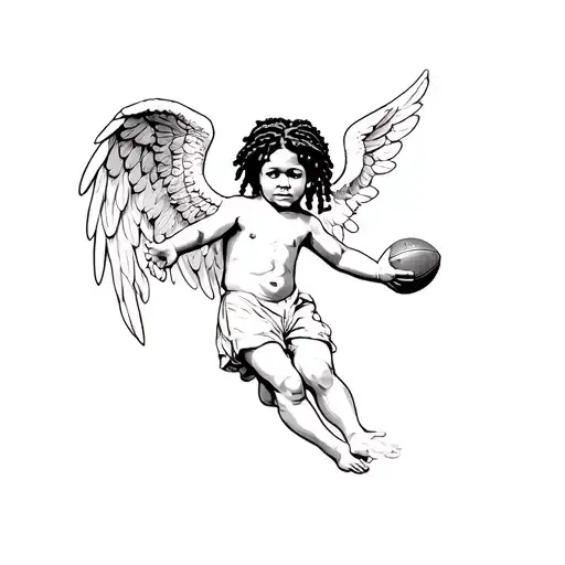 A African American Cherub Angel With Short Dreadlocks Holding A Football And Flying