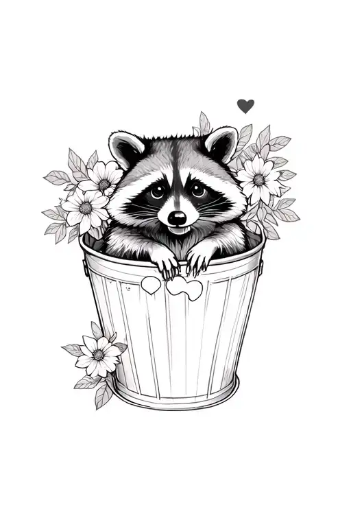 Raccoon In Trash Can With Flowers And A Heart