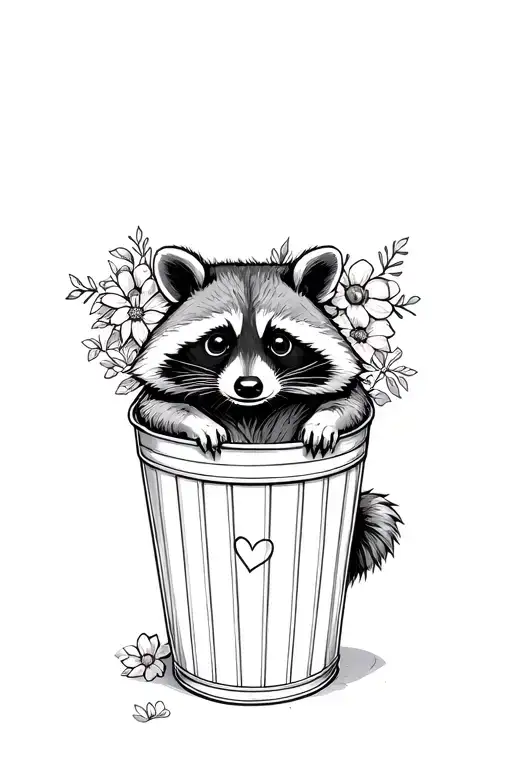 Raccoon In Trash Can With Flowers And A Heart