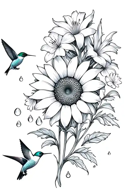 Sun Flower And Lilly With Small Flowers Leaves And A Humming Bird With Some Water Drops
