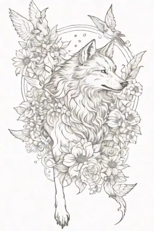 Wolf Surrounded By Flowers And 7 Fairies Flying