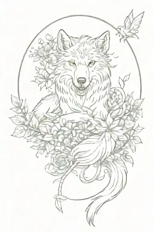 Wolf Lying Surrounded By Flowers And 7 Fairies Flying