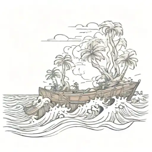 Wooden Raft On An Island With Waves Crashing In The Background