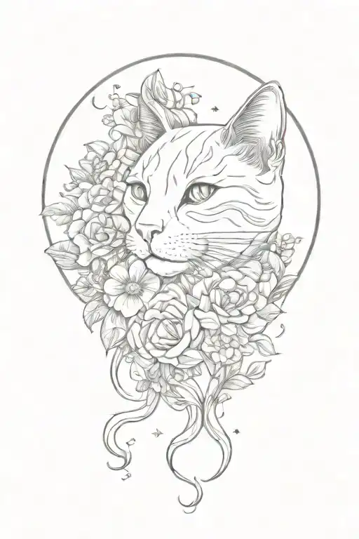 Cat With Flowers And Moon