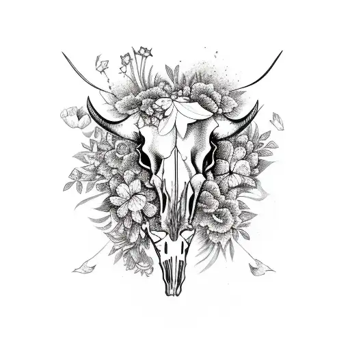 Cow Skull With Flowers And Butterflies
