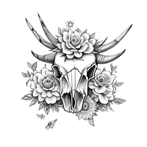 Cow Skull With Flowers And Butterflies For Forearm