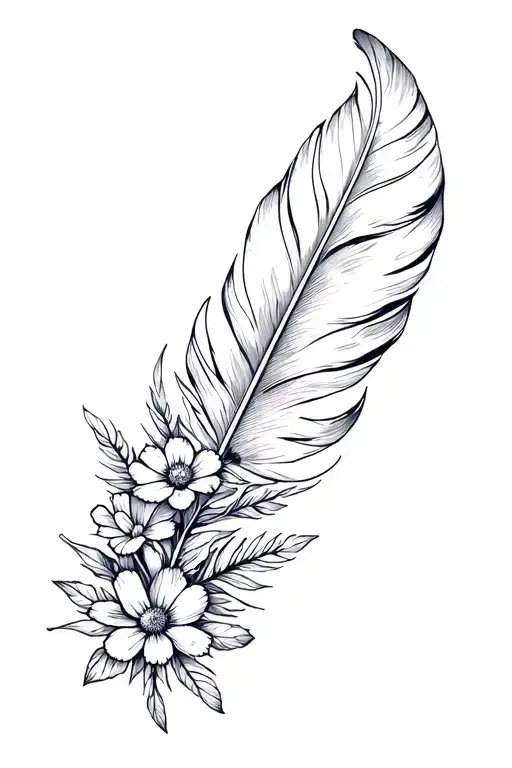 Feather With Cosmos Flowers And Foliage