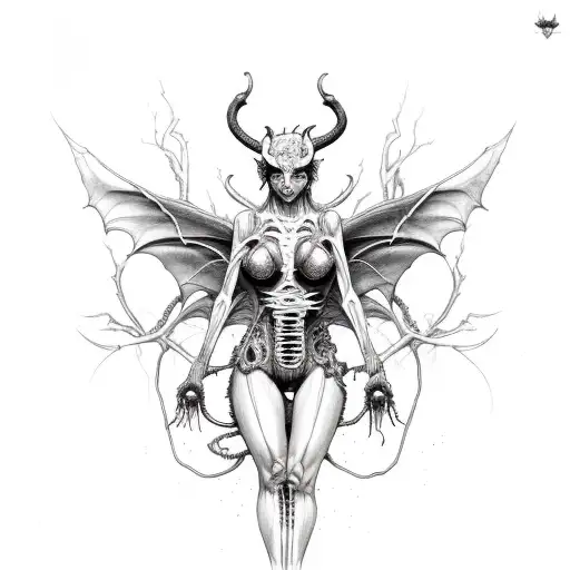 Succubus With Open Rib Cage Holding Bleeding Anatomical Heart