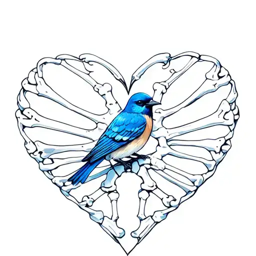 Blue Bird On A Heart Formed By Rib Bones