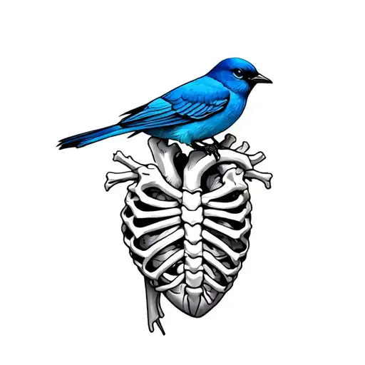 Blue Bird On A Human Heart Formed By Rib Bones