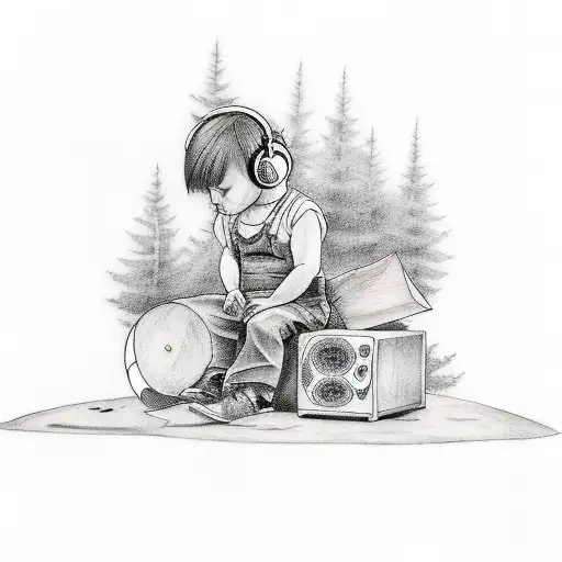 A Tattoo Of A Child Sitting In A Forest Surrounded By Music And Trees