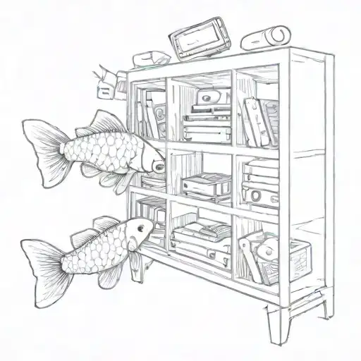 A Sketch Of A Koi Carp Swimming Through A Bookshelf Filled With Gaming Consoles