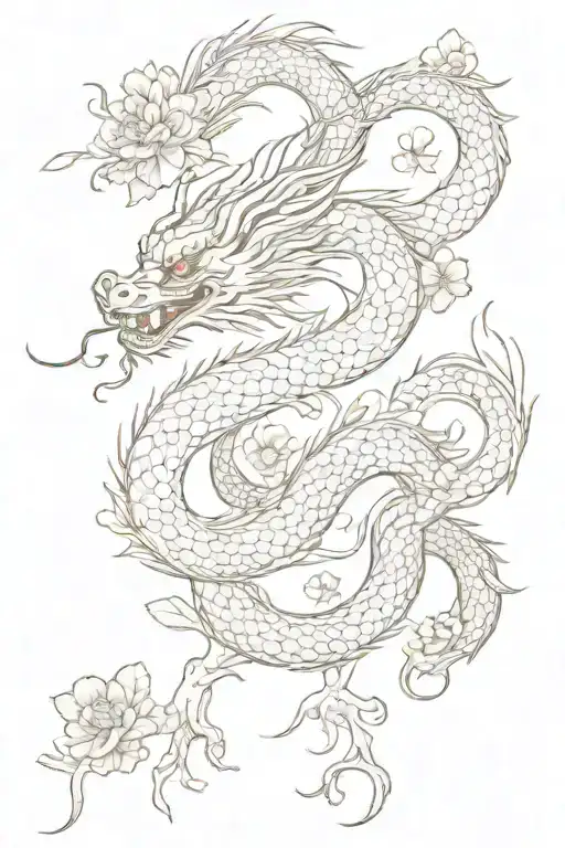 Elegant Chinese Dragon With Sakura Flowers