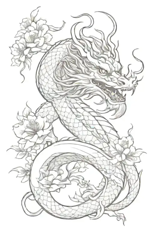 Elegant Chinese Dragon With Sakura Flowers