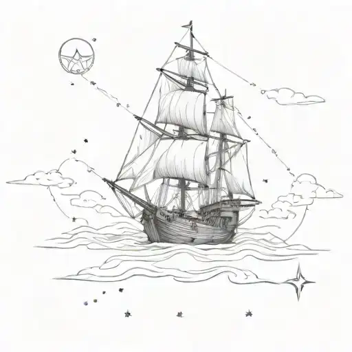 Northern Star Guiding Lost Ship At Sea