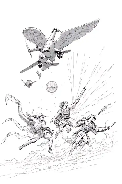 St Michael And St Barbara Fighting Demons With Paratroopers Jumping Out Of C-130's