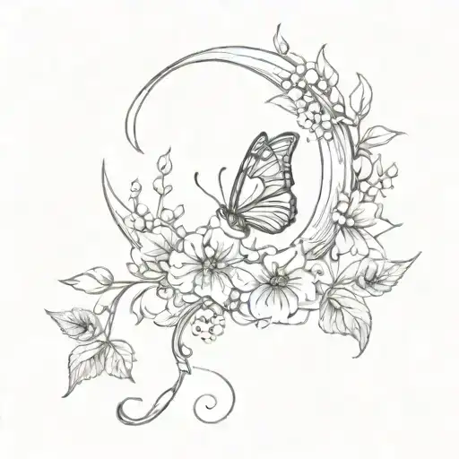 A Crescent Moon With Flowers Vines And A Small Butterfly