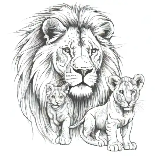 Lion And Cub Staring With Lioness Symbolizing Strength