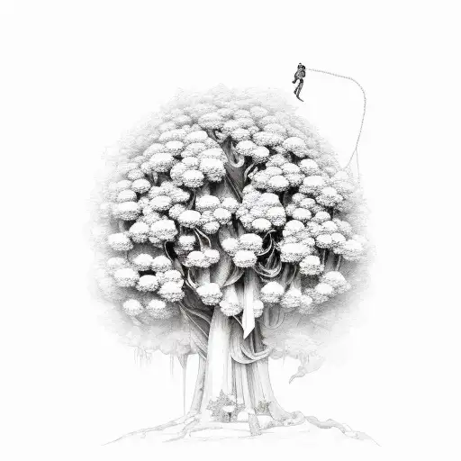 Tall Tree Big Blooms Flower Ropes Going Up The Side Of The Body Arm Included