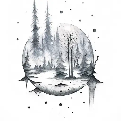 Gloomy Dark Mystical Forest With Shiny Moon And Blue Watercolor Backround As A Sleeve