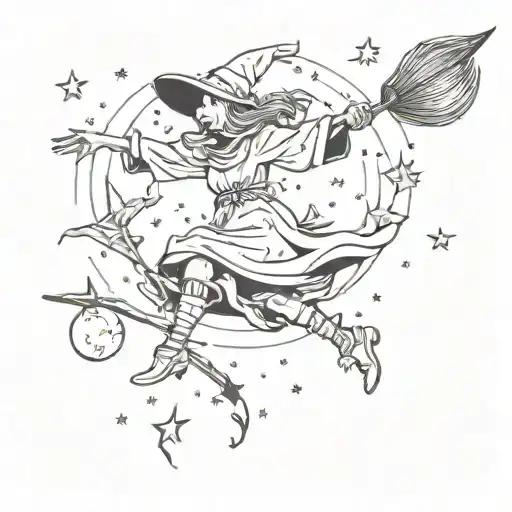 A Whimsical Sketch Of A Witch Flying On A Broomstick Through A Starry Night Sky